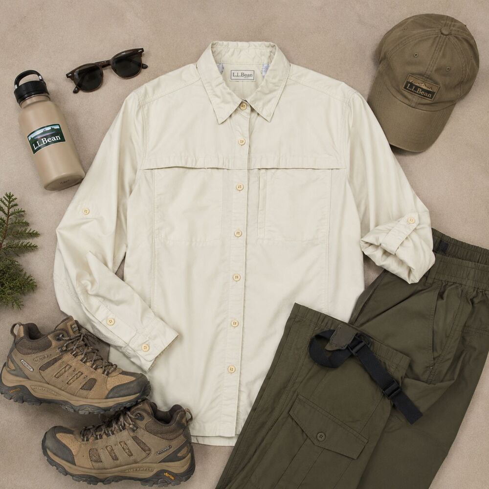 L.L.Bean Hiking Fishing Shirt L Cream Nylon Safari Utility Outdoor Top
